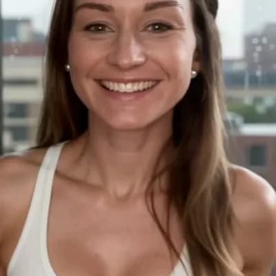 AI generated video: have her standing up, it is raining outside,  where you can see her full body wearing a  just a whit...