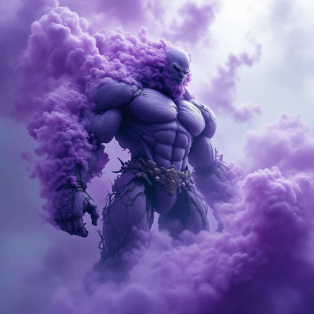 AI generated: purple smoke. hercule, muscular body, giant size, 4k, half robot