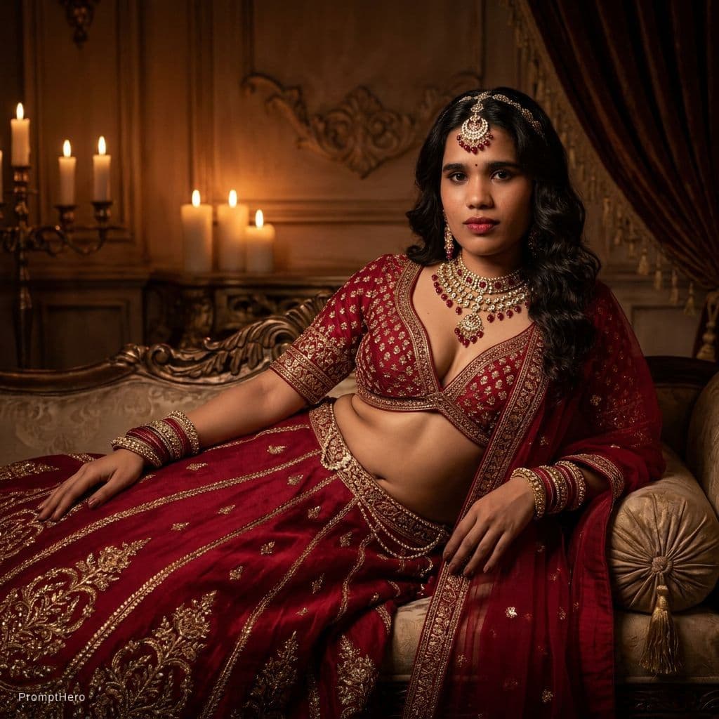 AI generated: A regal young South Asian female reclines on an opulent divan in a dimly candlelit chamber, her curv...