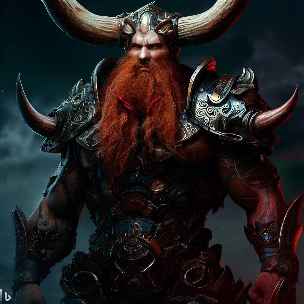 AI generated: futuristic elite cyber viking warrior axe, horns, full body, red hair, beard, dark art, light, stunn...