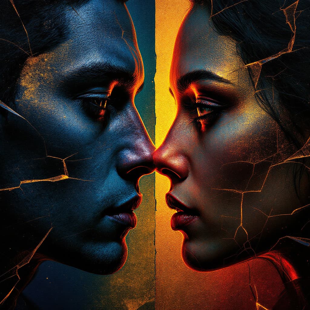 AI generated: Two faces meet on the threshold, one male and one female—mirrored but not the same. One cast in deep...
