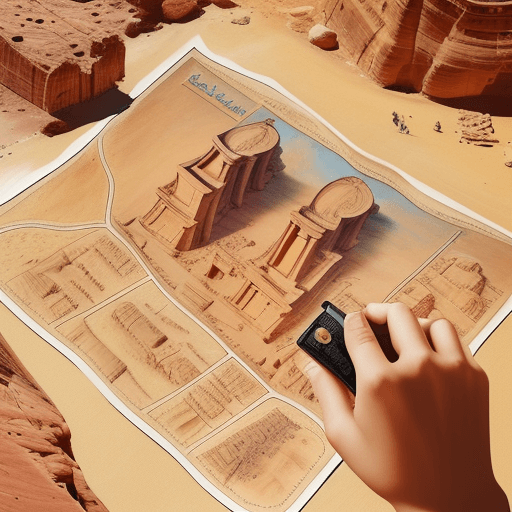 AI generated: Tourist map of petra on jordan, Style of an age of discovery map, Highlight most important landmarks...