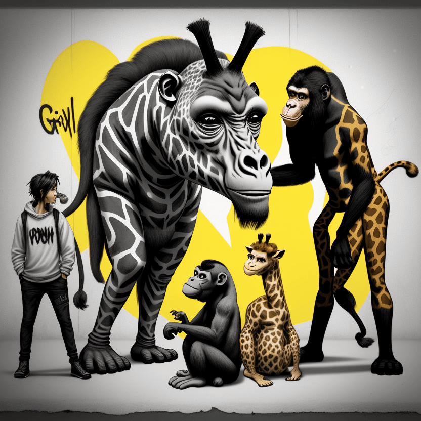 AI generated: Create an image in the graffiti Banksy style. On the right, there is a monkey, and on the left, a gi...