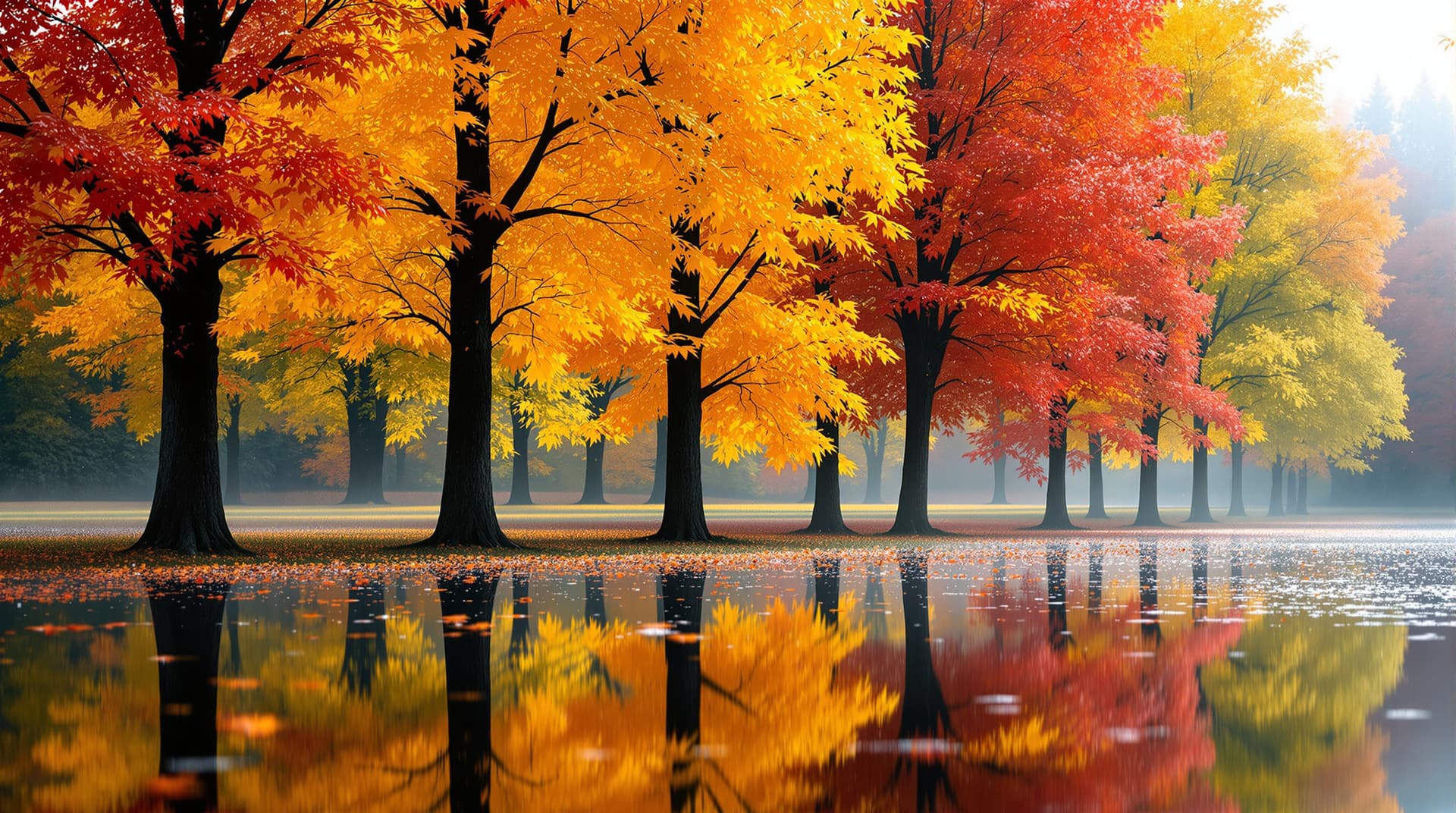 AI generated:  In a picturesque close up scene, autumn trees stand tall, their branches heavy with water droplets ...