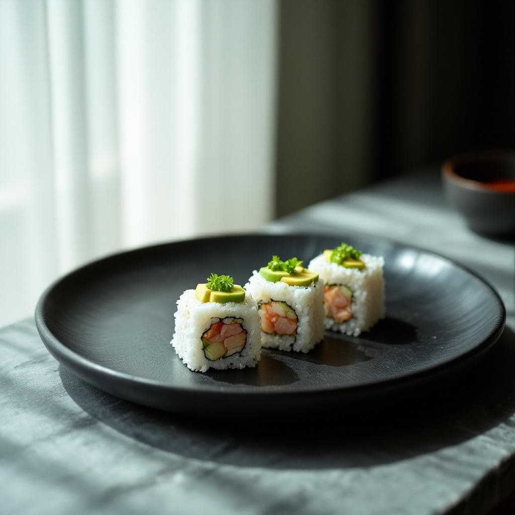 AI generated: Pristine California Roll plated on a minimalist, matte-black ceramic dish, arranged with meticulous ...