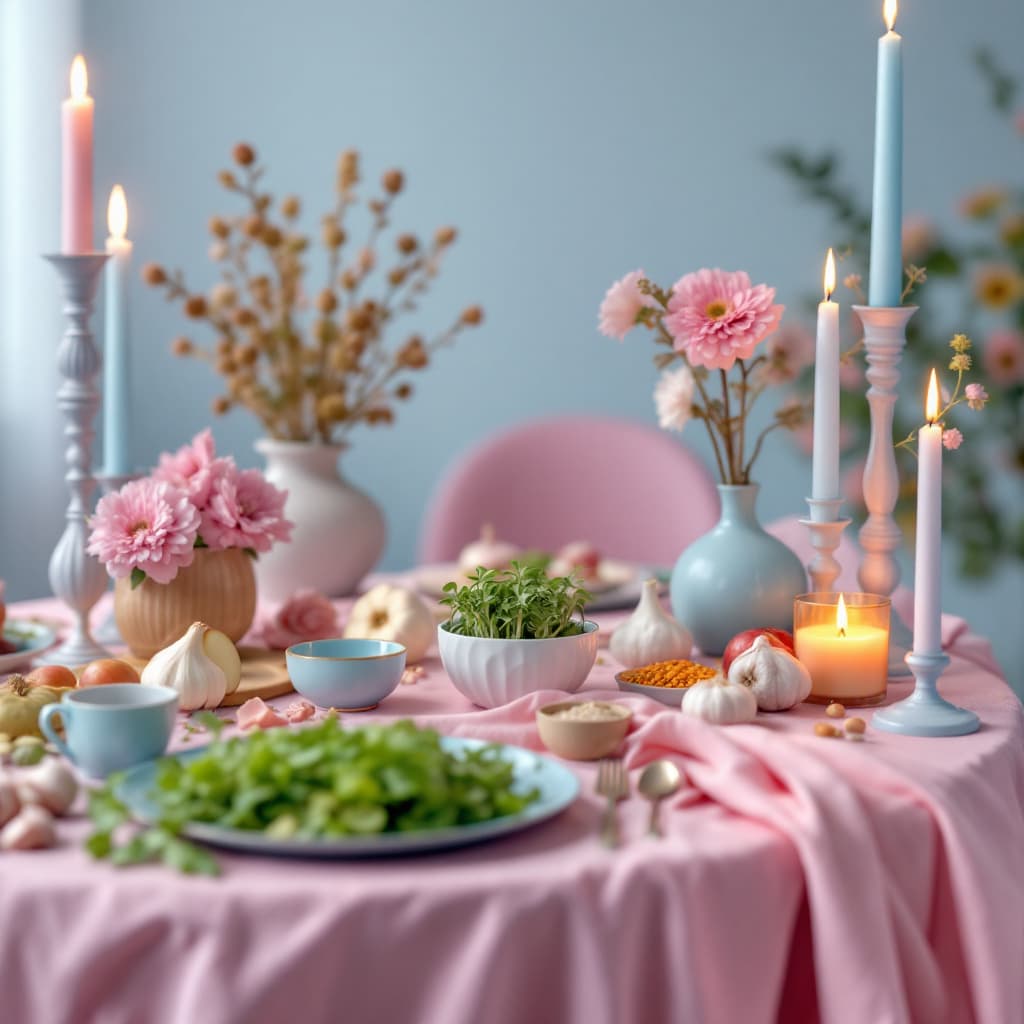 AI generated: "A beautifully styled Haft-Seen table for Nowruz with a Barbie-inspired color theme featuring soft b...