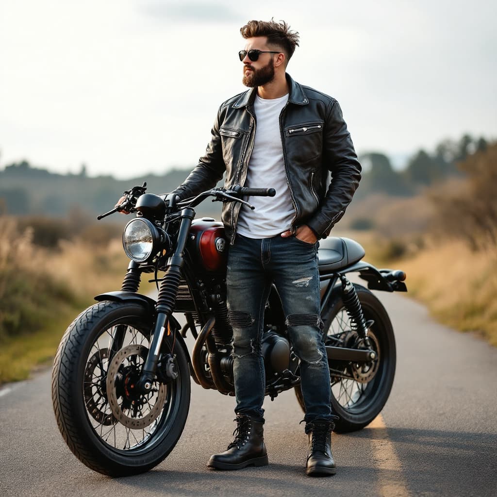 AI generated: make a picture of complete men wearing a biker jacket with white tee and distressed jeans in dark-wa...