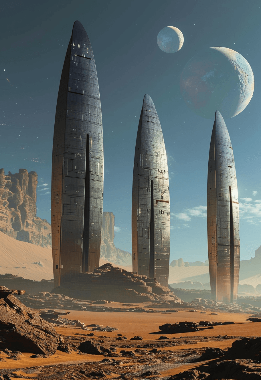 AI generated: A retrofuturistic scene of an alien planet with three large, sleek oval shaped structures standing t...