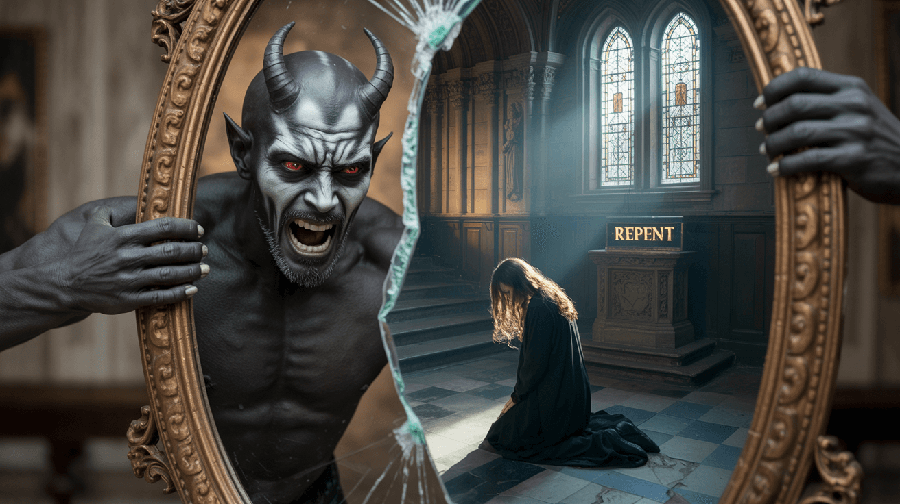 AI generated: a demon climbing through a mirror into a church to prey on a moarning woman.