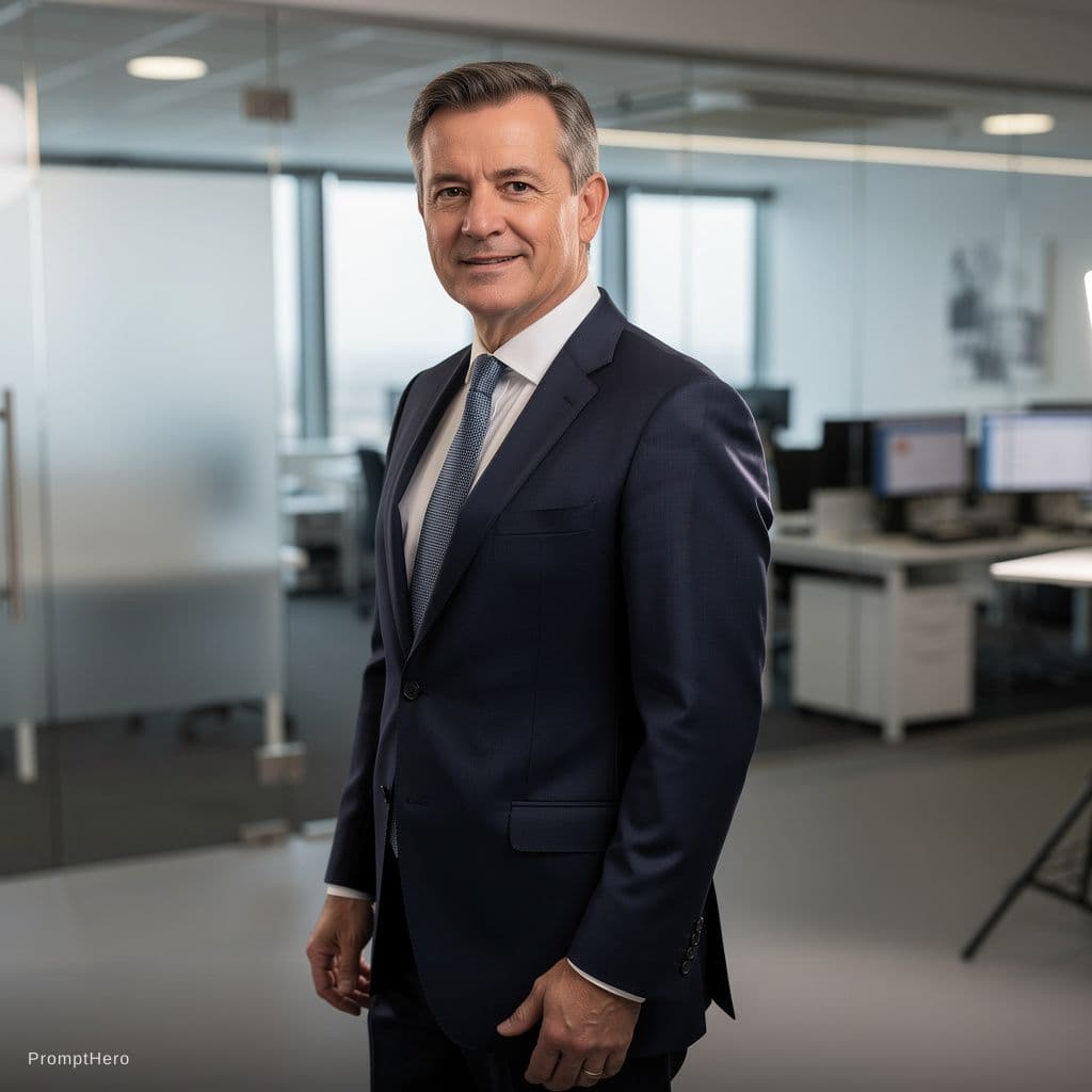 AI generated: business man posing in photography studio against office backdrop