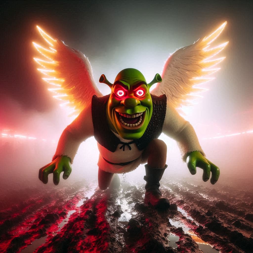 AI generated: Shrek intimidante con grandes alas de ángel blancas, resplandeciente, neón, ojos rojos y sonrisa per...