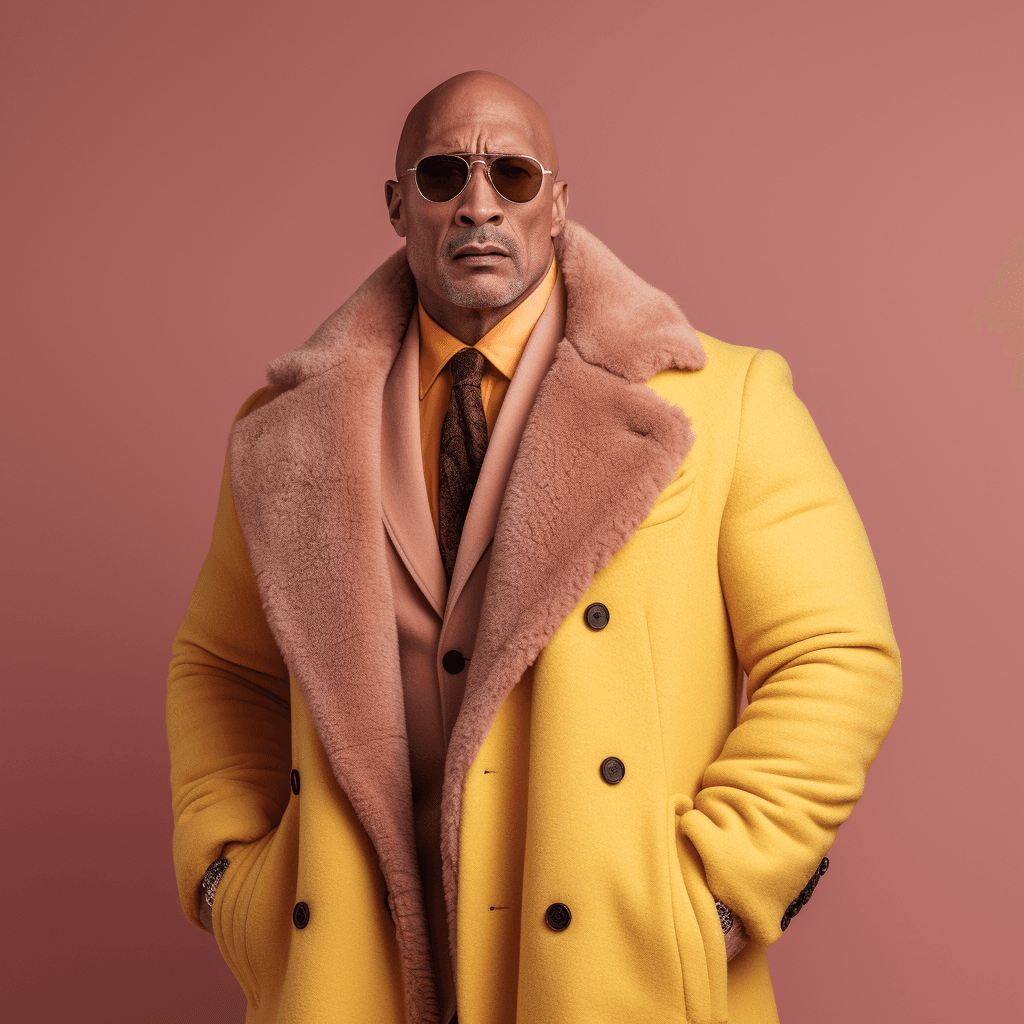 AI generated: Vogue style photo shoot of Dwayne Johnson as character therock from the movie The Royal Tenenbaums p...