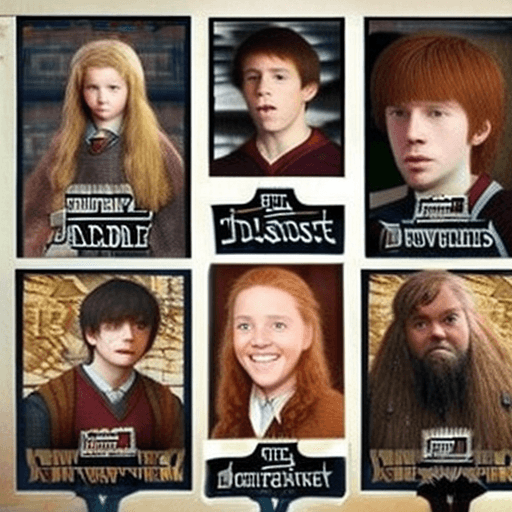 AI generated: image about harry, hermione, ron weasley, dumbledore, hagrid, ginny weasley, fred weasley, george we...