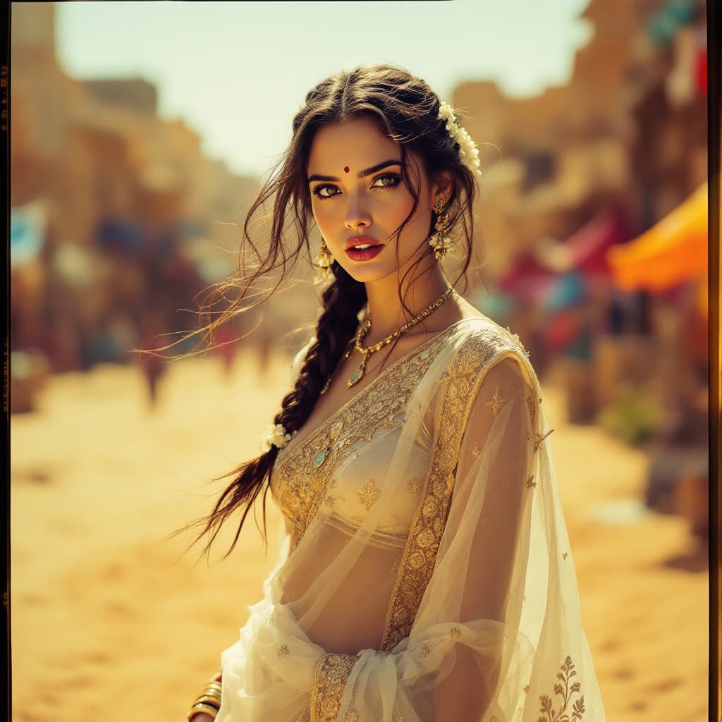 AI generated: Jennifer Connelly, 18-21 years old, biting her lip, deep brown hair styled in an elegant Indian brai...