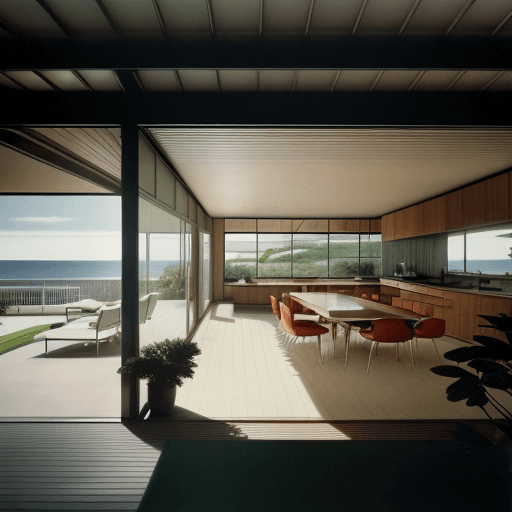 AI generated: Hyper realistic eye level exterior photo of a mid century modern style house overlooking the ocean, ...