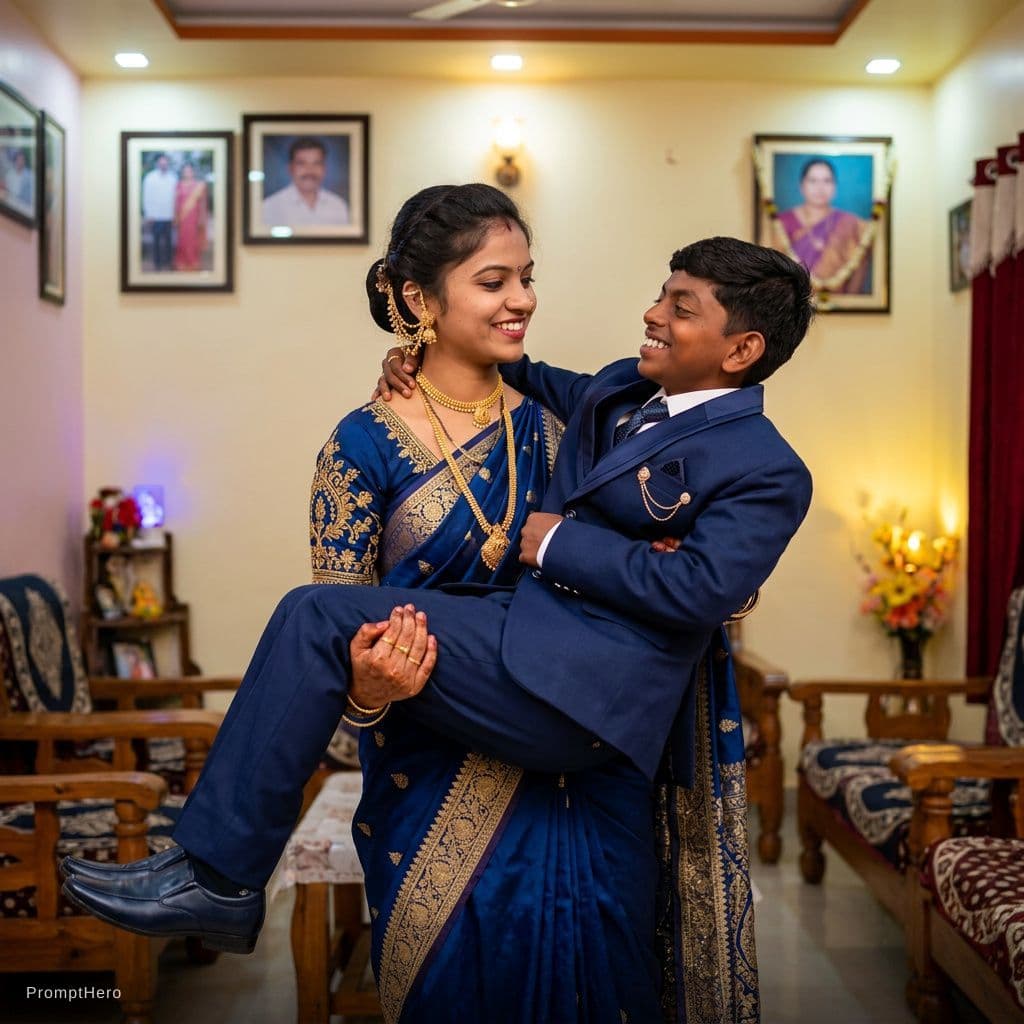 AI generated: Astetic clothes like formals and sanskari girl holding me and I am should be height2.2ft from the gi...