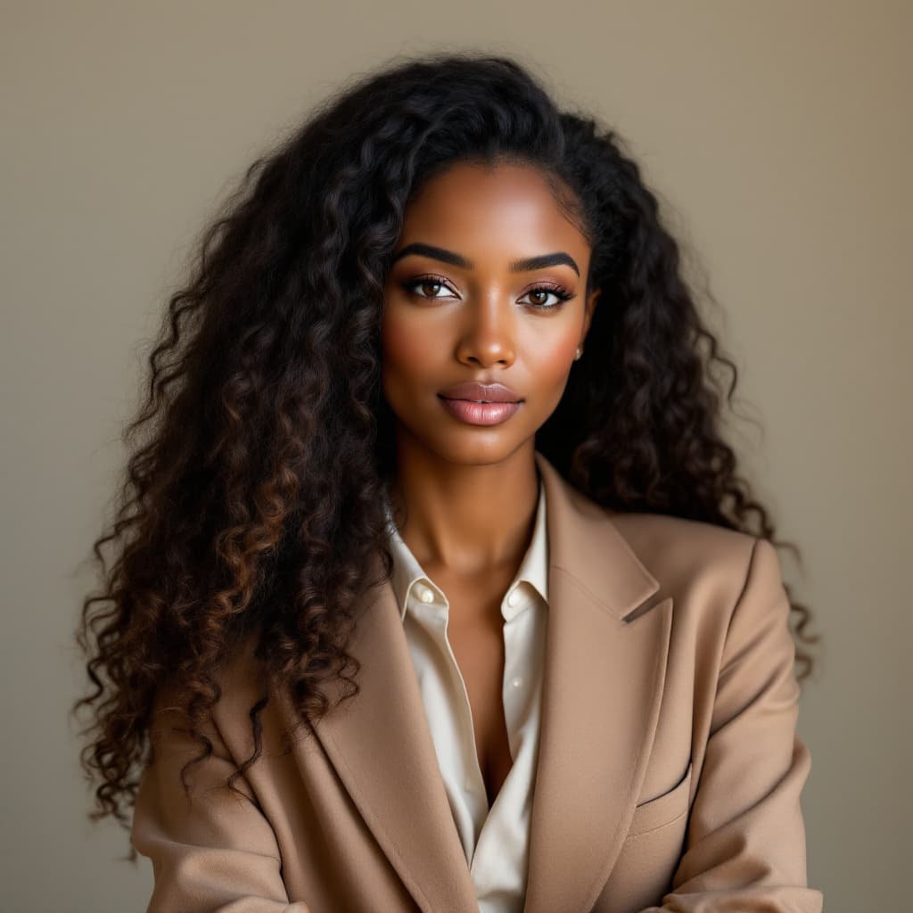 AI generated: A 28-year-old Ethiopian woman with medium brown skin and long coily hair, wearing a tailored blazer ...