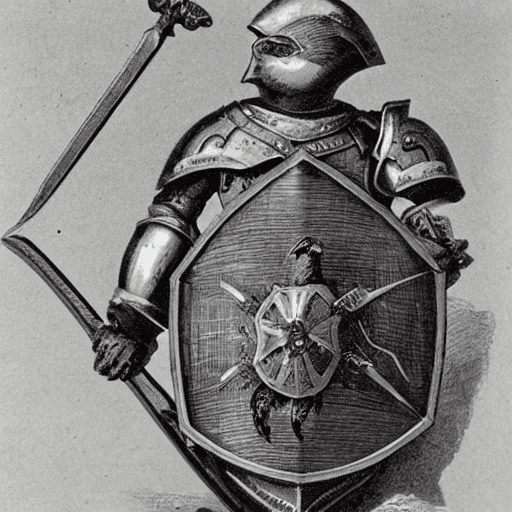 AI generated: Photograph of a small chicken in an armor, wielding a sword and a shield, high detailed and ornament...