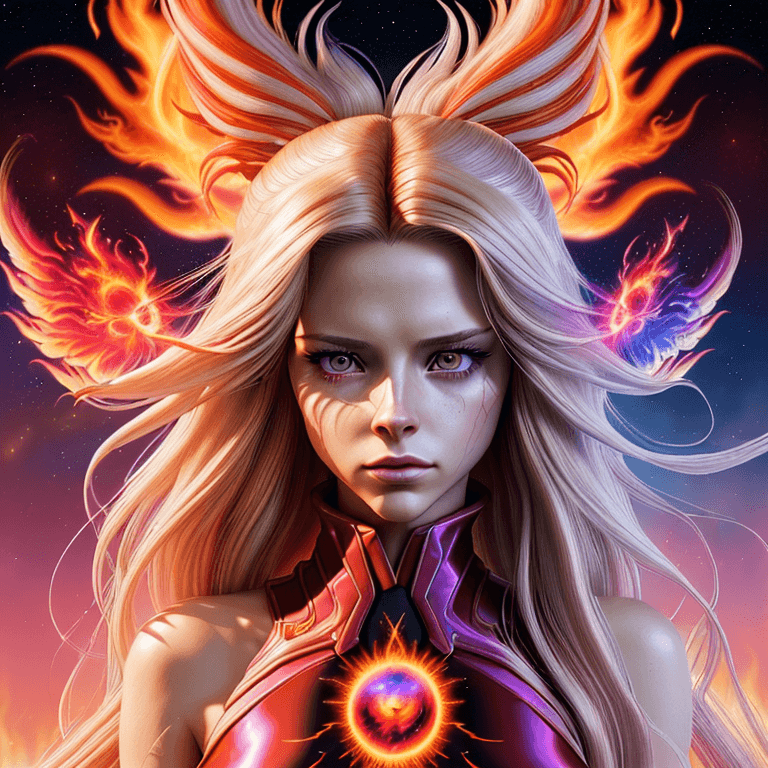 AI generated: female retrowave phoenix humanoid female Lindsay Wagner, flames, in final fantasy art style, epic, l...