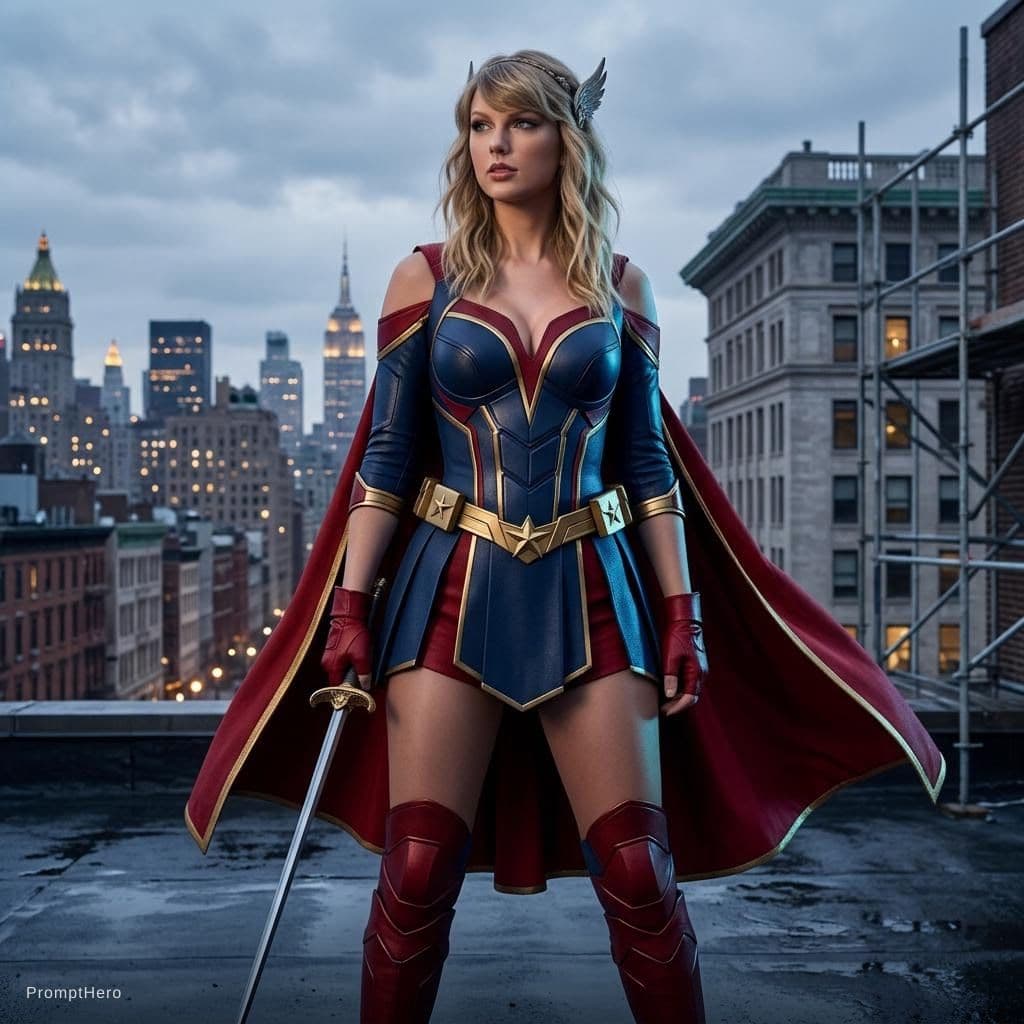 AI generated: Taylor Swift in a sexy superhero costume with open shoulders, legs, and a deep V-neck