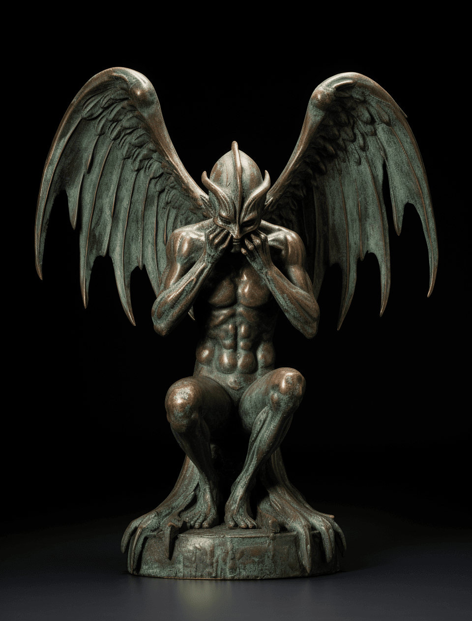 AI generated: A bronze figure of an evil, winged demon with small hands and feet, holding up his head to the viewe...