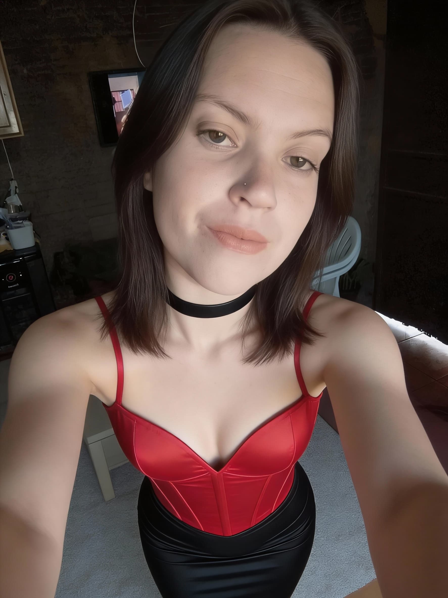 AI generated: Une photo, d'une femme de 18 ans avec des formes  ,, a picture,    , , dans son salon , la photo est...