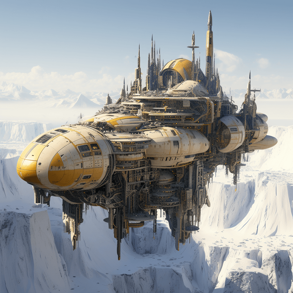 AI generated: futuristic spaceship floating in snow and ice, yellow and beige color, in the style of fantastical r...
