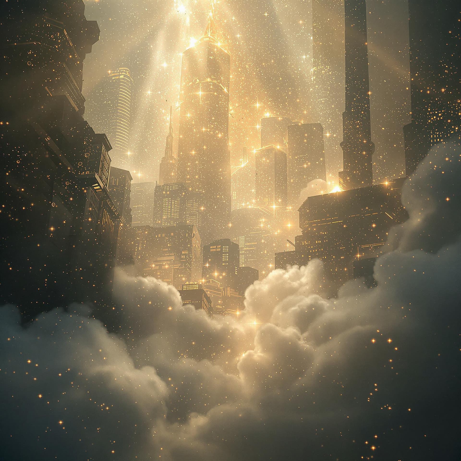 AI generated: A fine art, hyper-realistic, cinematic image of  city heaven spread out, Brilliant white light, gold...