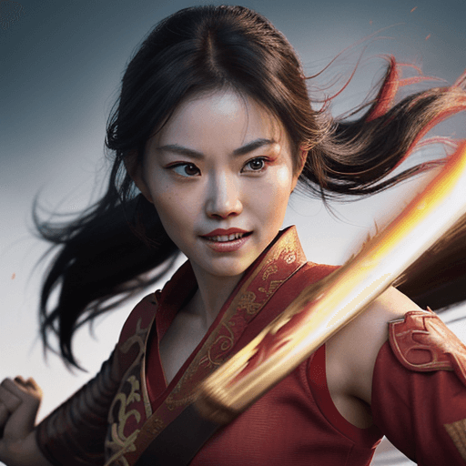AI generated: A picture of a fearless warrior holding a sword, Disney Mulan reference, fierce and determined smile...