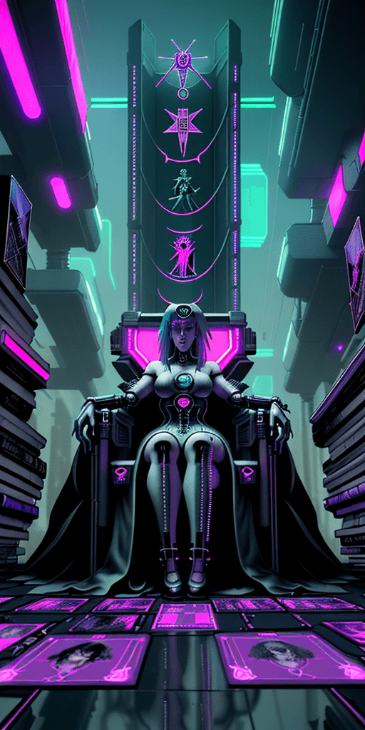 AI generated: Cyberpunk the high priestess Tarot Card, laying on pile of tarot cards back facing up, High Contrast...
