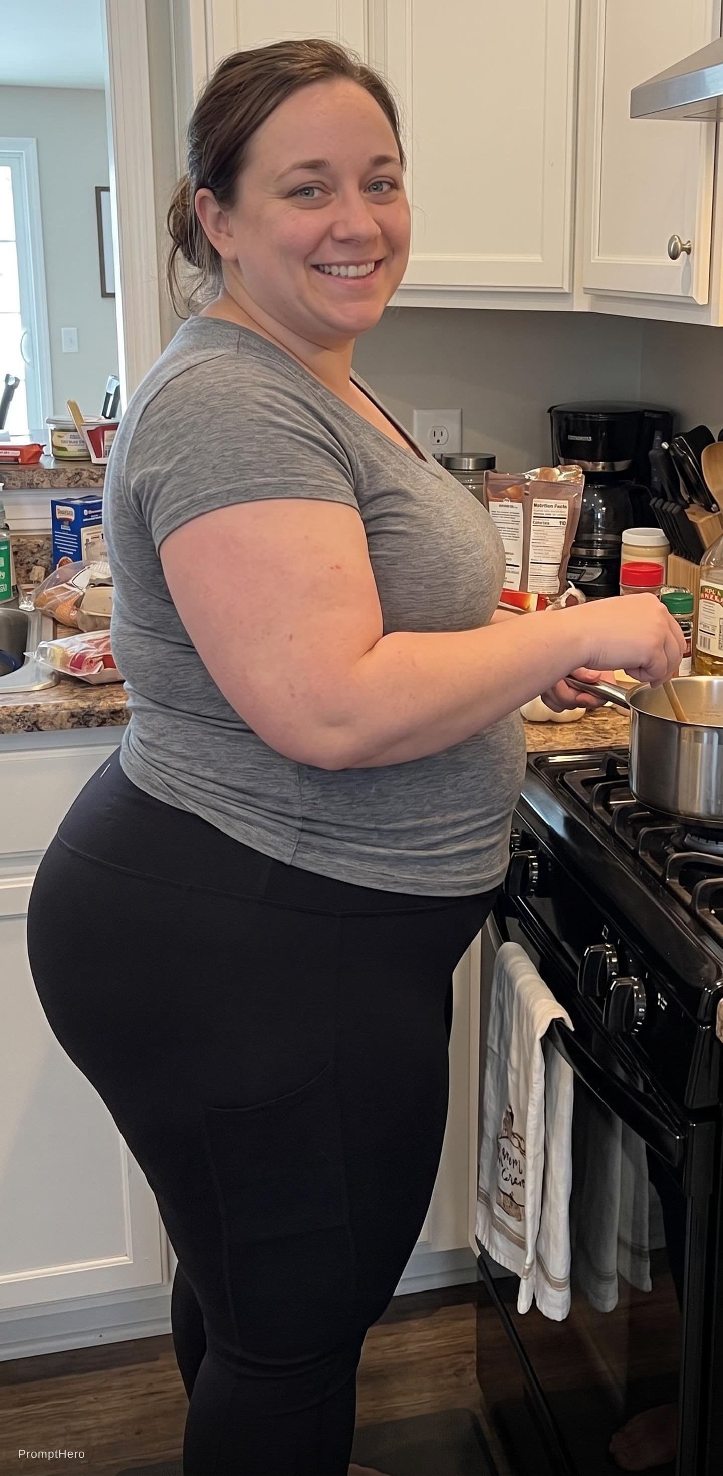 AI generated: A  massive plus size extremely morbidly obese hot 30 year old white woman dressed in yoga pants and ...