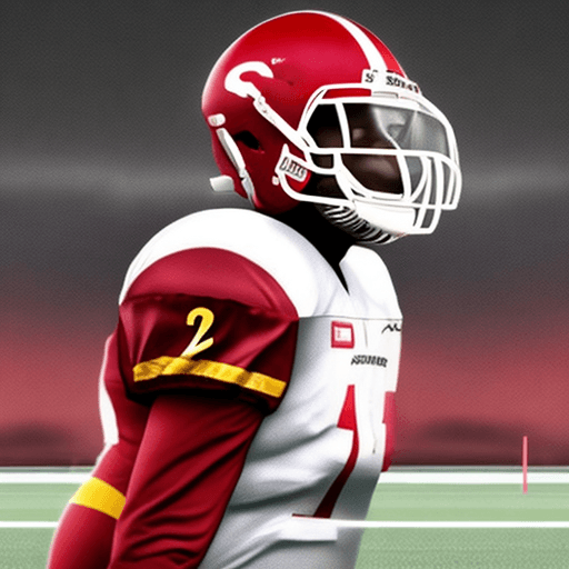 AI generated: iamge from a football player as a QB using the 21 in his jersey, his uniform should be ein red and g...