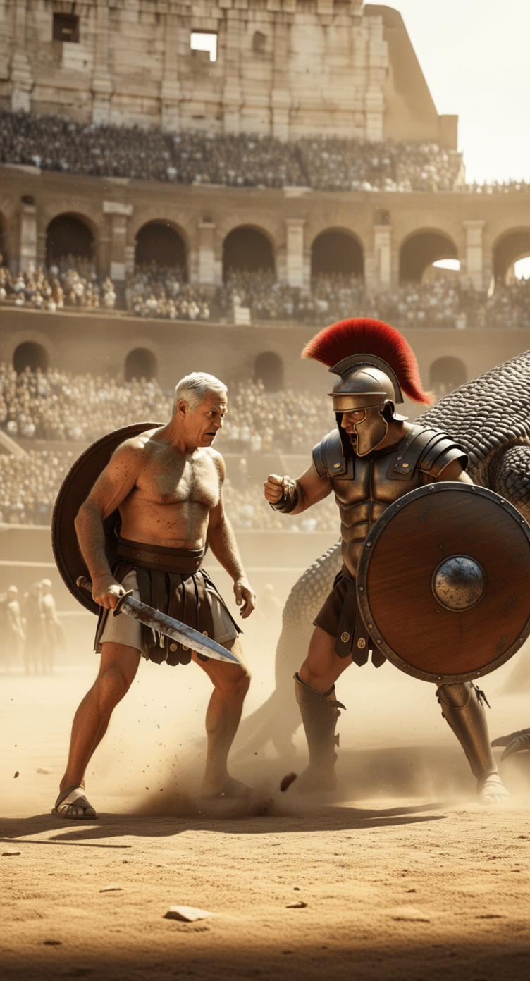 AI generated: Ultra-realistic documentary-style action photography inside the Roman Colosseum, bathed in warm gold...