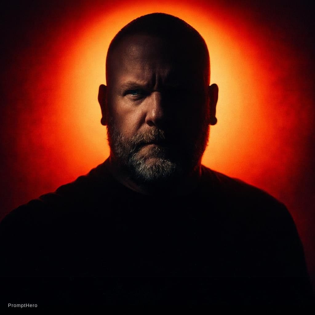 AI generated: A person with slicked-back skinhead square cinematic portrait. The lighting creates a strong shadow ...