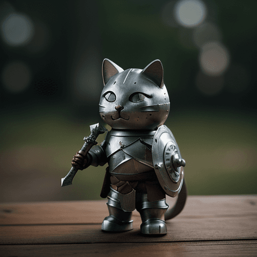 AI generated: cinematic film still awardwinning photo cute cat, rust, epic, knight wearing armor, sword and shield...