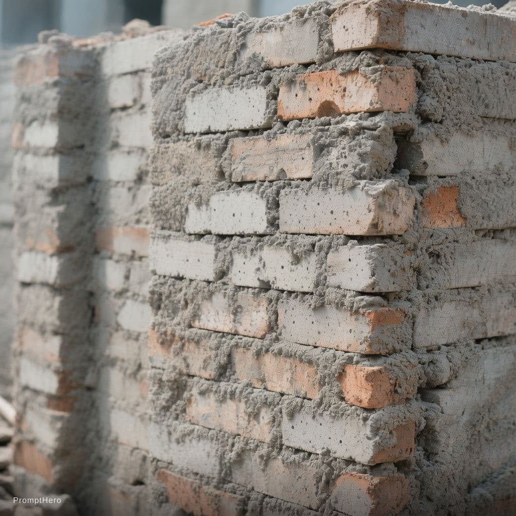 AI generated: construcción de un muro en bloque de concreto pero con mamposteria con perforacion vertical, dovelas...