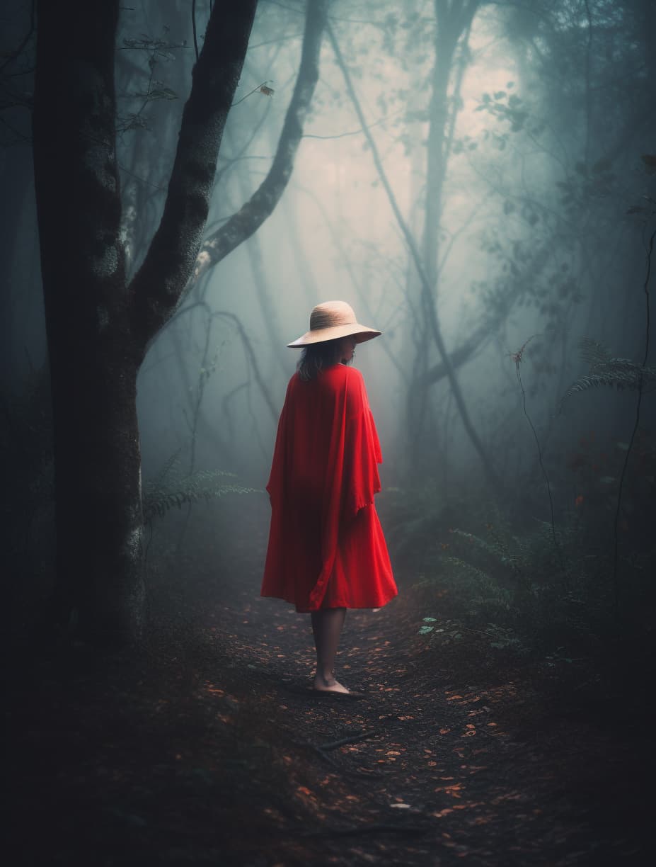 AI generated: girl walking in the misty forest, Girl in cape with red hat, cinematic lighting --q 2 --v 5 --ar 3:4