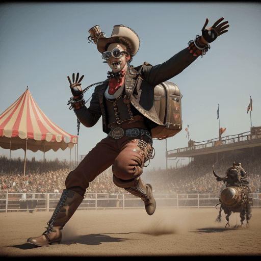 AI generated: 3D CGI render of a cartoon rodeo clown with exaggerated steampunk attire including goggles, leather ...