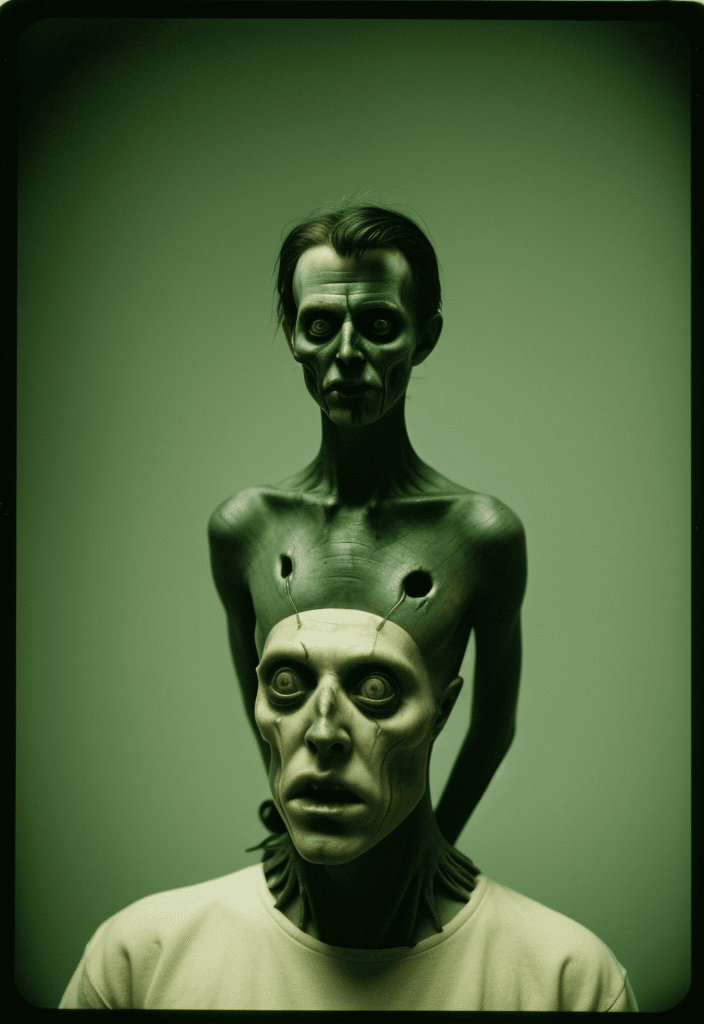AI generated: bizarre absurdism, strange creepy elements movie scene still, expired film , 35 mm, Kodak --style cK...