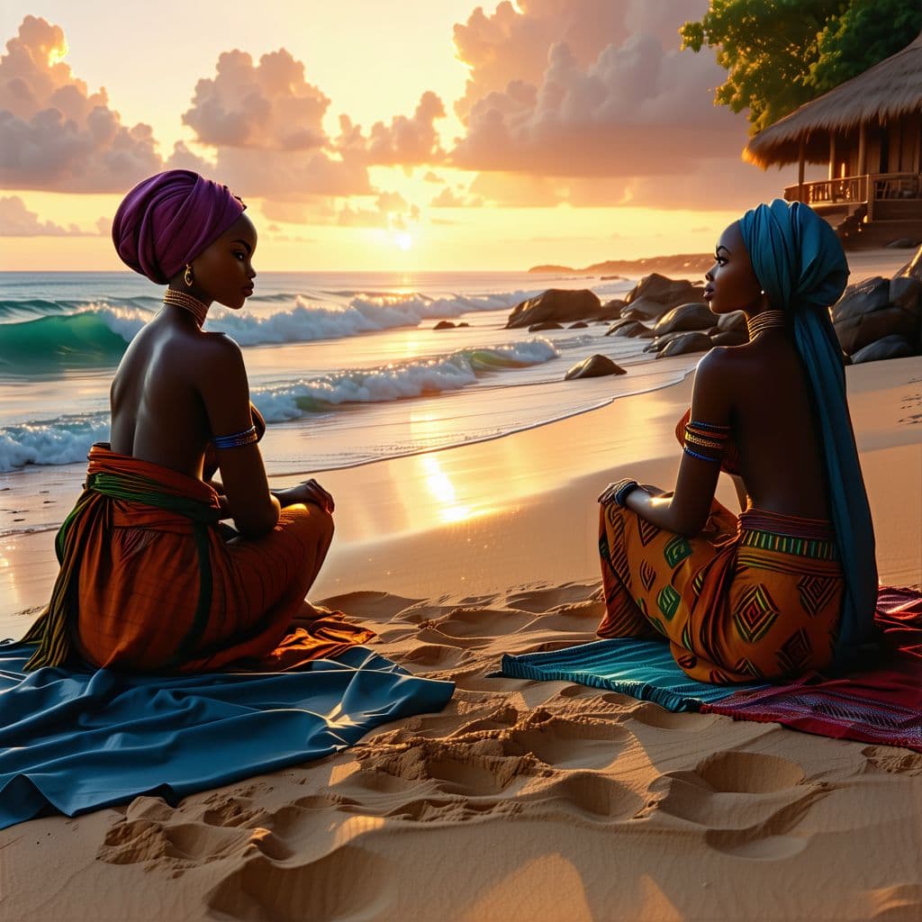 AI generated: Photo of a ultra realistic beach, dramatic light, rich colored sunset, cinematic lighting, low angle...