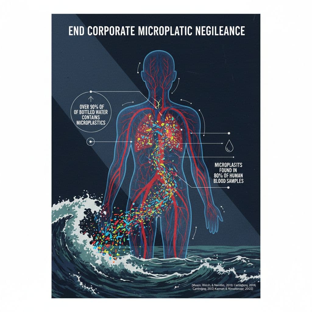 AI generated: A dark, surreal, and educational advocacy poster about microplastic pollution, designed in a high-de...