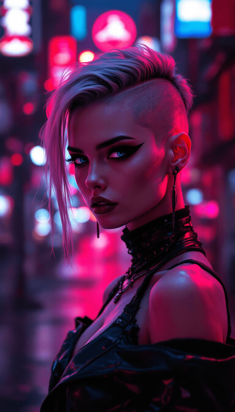 AI generated: full body long shot,“/Imagine beautiful pale cyberpunk female with heavy black eyeliner, blue eyes, ...