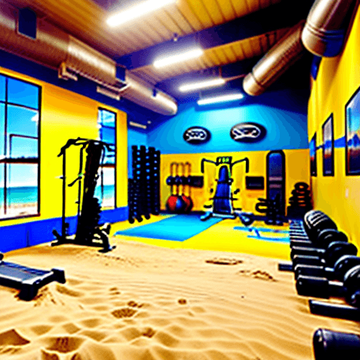 AI generated: indoor muscle beach gym with sand as the floor and beach themed decor. Equipment should into a stati...