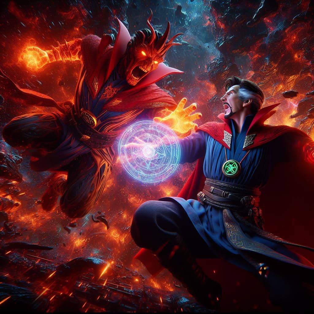 AI generated: Doctor Strange fighting against Dormammu in the Dark Dimension, masterpiece, octane render, 8k, rayt...