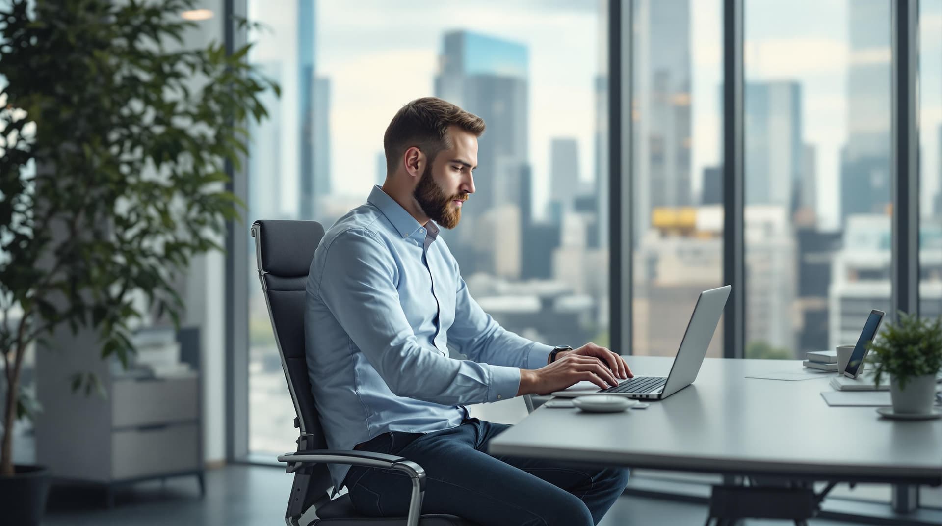 AI generated: "Photo of a ultra realistic Men sitting at a desk in a modern office. He is working on a laptop, wea...