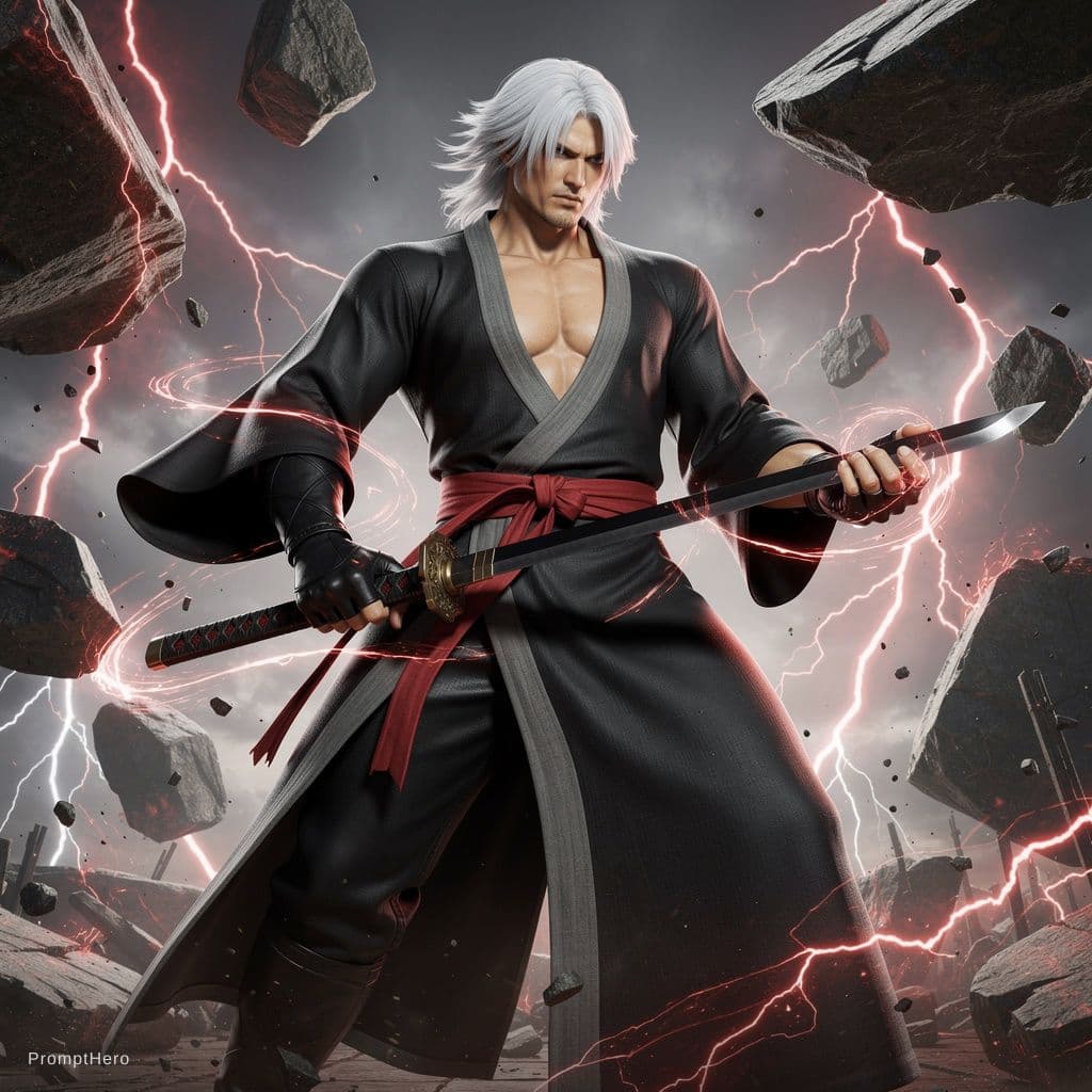 AI generated: Create ai  image strong warrior with the face and body build up like Jin kazama with the middle long...