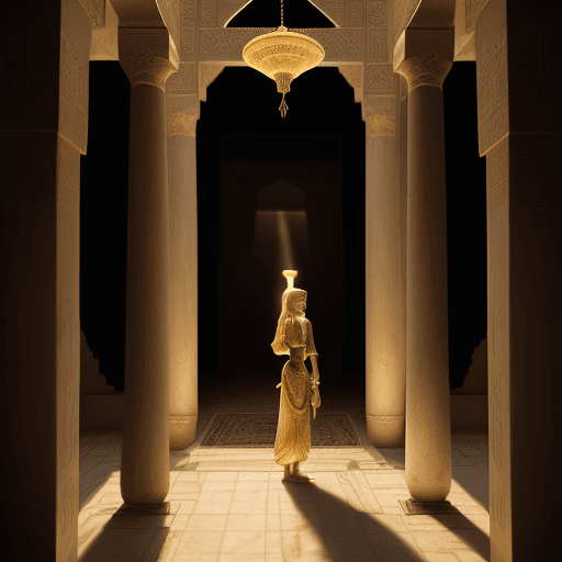 AI generated: Photo of a ultra realistic The pharaoh's daughter is standing in the porch of the palace and the der...
