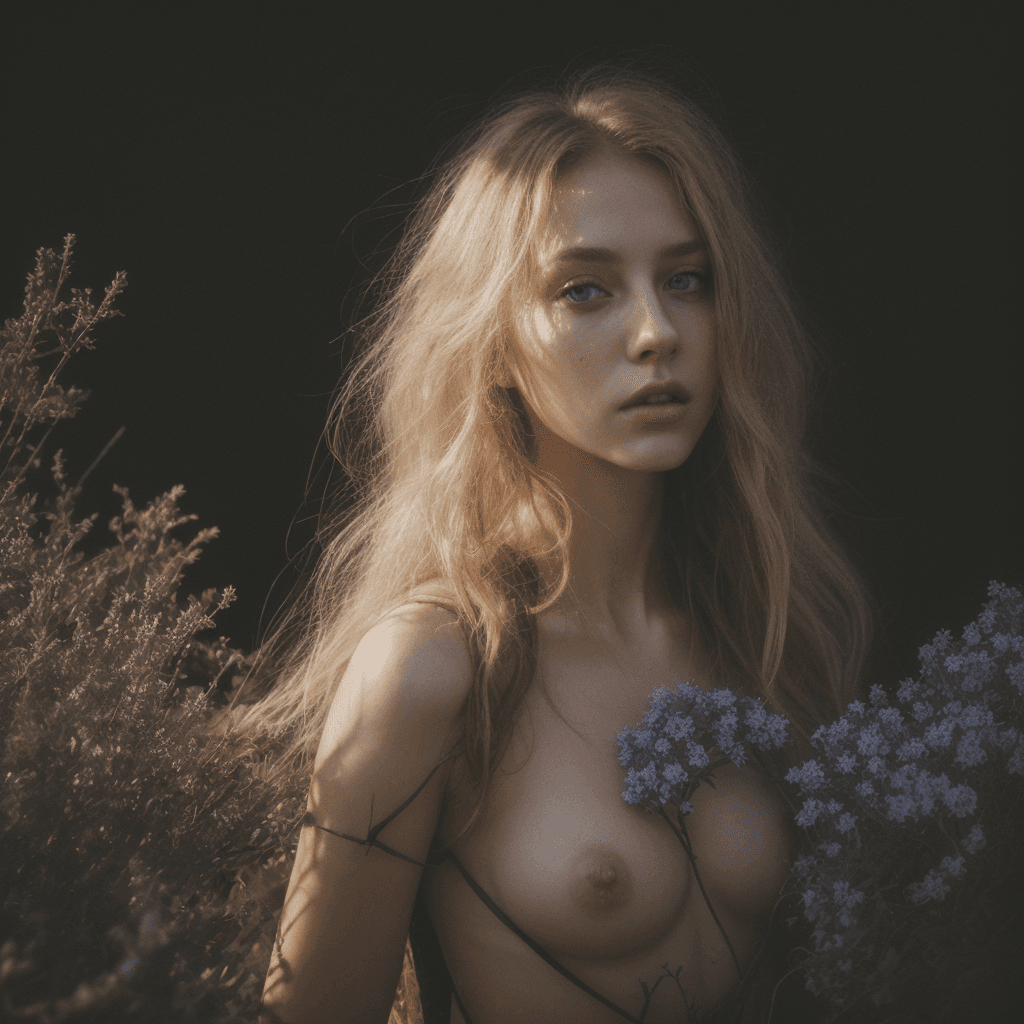 AI generated: Her back to the camera, standing in front an old stone wall, (overgrown:1.1) with (purple:1.1) and (...