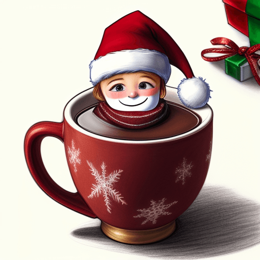 AI generated: detailed drawing of a cup with a christmas scarf and hat on