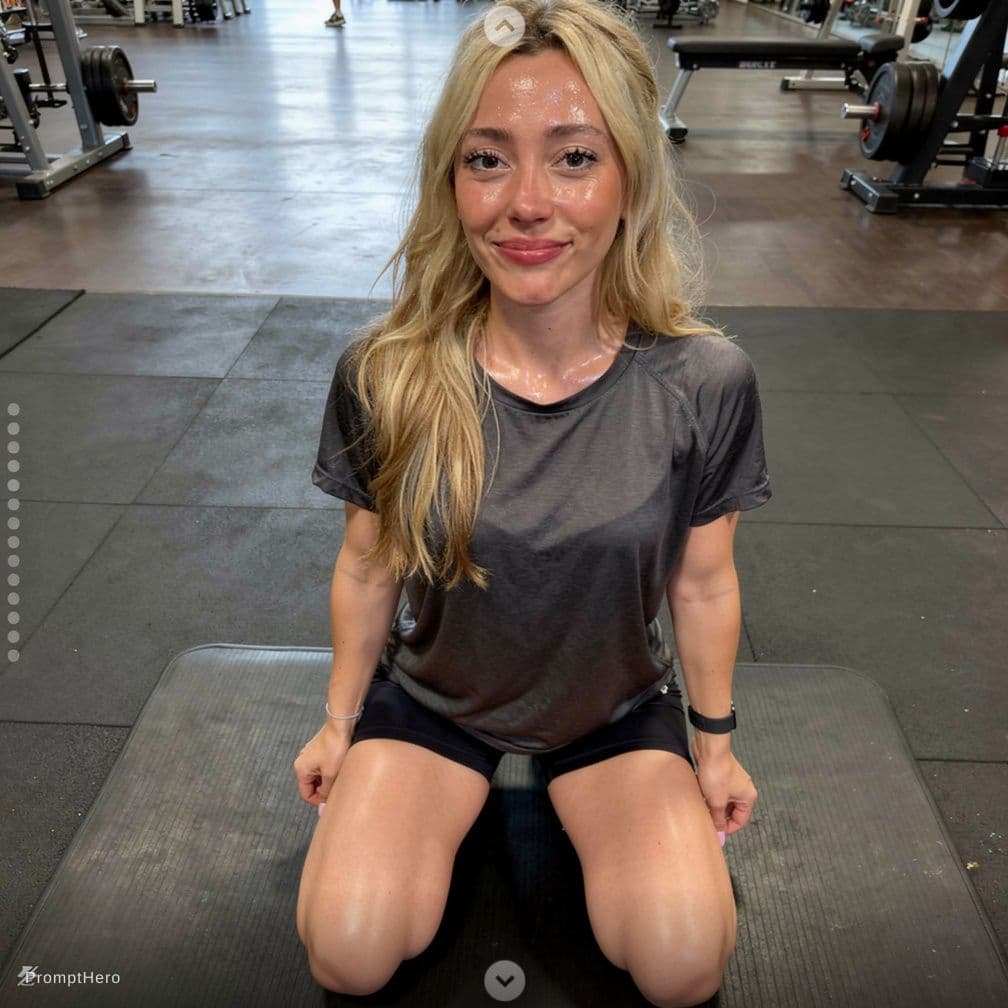 AI generated: Produce a photorealistic, candid, unplanned and sloppy gym photo of a 4'10", average-looking (averag...